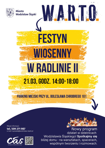 Plakat W.A.R.T.O Festyn wiosenny, 21.03.2026 14-18:00, Parking Miejski ul. Bolesława Chrobrego 101