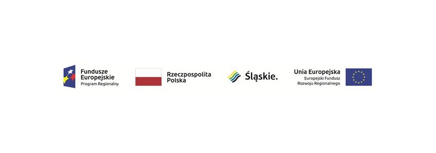 logotypy Flaga Unii Europejskiej oraz Polski oraz logotypy UE oraz Woj. Śląskiego informujące o dofinansowaniu projektu z Funduszy Europejskich